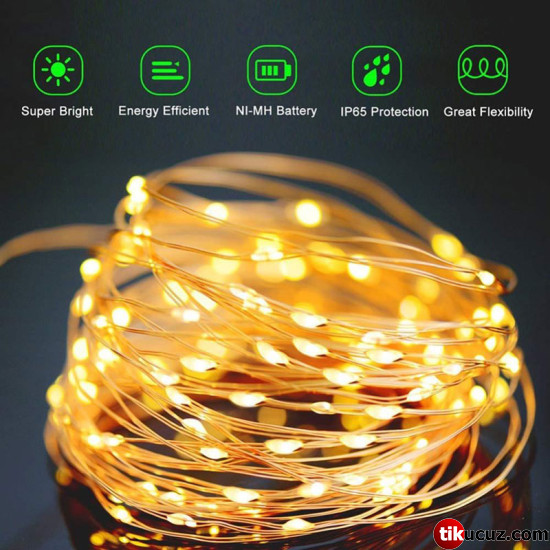 Pilli Şeffaf Kablolu Gün Işığı Sarı Renk Peri Led Işık 5m