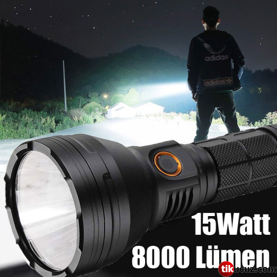 15Watt 8000 Lümen Süper LED Profesyonel Şarjlı El Feneri