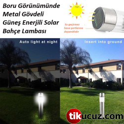 Boru Görünümlü Solar Bahçe Çim Lambası Metal Gövdeli Lamba
