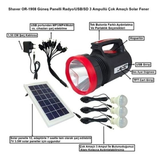 Radyolu 3 Ampullü Çok Amaçlı Solar Fener RT-906